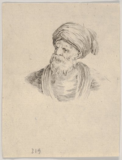 Tavle 12: Buste af en gammel tyrkisk mand med turban, der ser mod venstre, fra «Forskellige hoveder og figurer» af Stefano della Bella