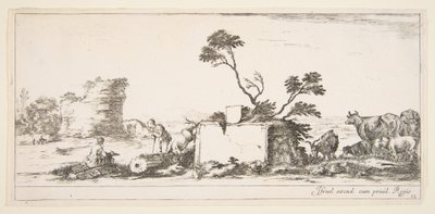 Plade 12: en siddende tegner til venstre, en stående hyrde ved siden af ham til højre, ruin..., ca. 1641. af Stefano della Bella