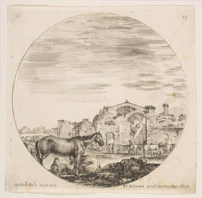 Plade 12: en hyrde sover på jorden til højre, tre heste til venstre, andre heste..., ca. 1646. af Stefano della Bella