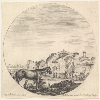 Plade 12: en hyrde sover på jorden til højre, tre heste til venstre, andre h..., ca. 1643-48. af Stefano della Bella