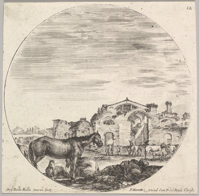 Plade 12: en hyrde sover på jorden til højre, tre heste til venstre, andre h..., ca. 1643-48. af Stefano della Bella