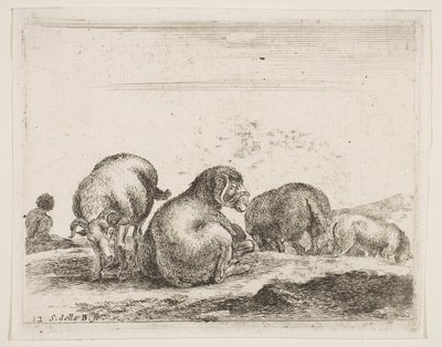 Tavle 12: får og vædder på græs, fra Diverse dyr Diversi animali, ca. 1641. af Stefano della Bella