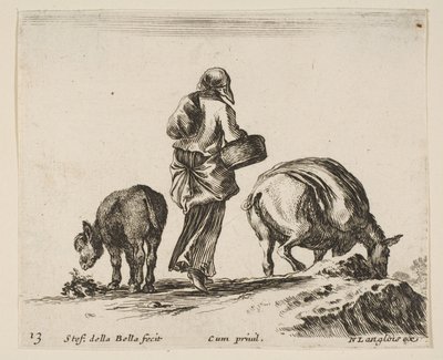 Tavle 13: en bondekone, set bagfra, med en kurv i midten, et æsel..., ca. 1644-47. af Stefano della Bella
