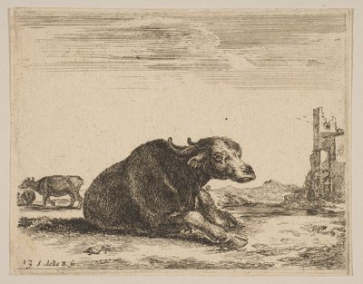 Plade 13: bøfler liggende, fra Diverse dyr Diversi animali, ca. 1641. af Stefano della Bella