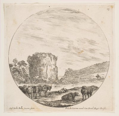 Plade 13: ruiner af et tempel i et romersk landskab, fra romerske landskaber og ruiner P..., ca. 1646. af Stefano della Bella