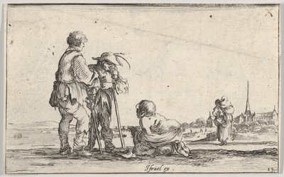 Plade 13: to bønder stående til venstre, en krøbling knælende på jorden i midten, en..., ca. 1642. af Stefano della Bella
