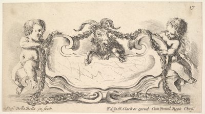 Plade 17: en kartouche med et marmorcenter, et spædbarn på hver side holder en guirlandeove..., 1646. af Stefano della Bella