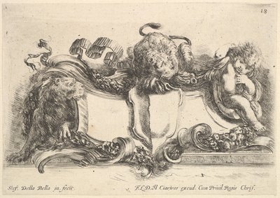 Plade 18: en kartouche indeholdende et tomt våbenskjold, to løvinder, en til venstre og en i cen..., 1646. af Stefano della Bella
