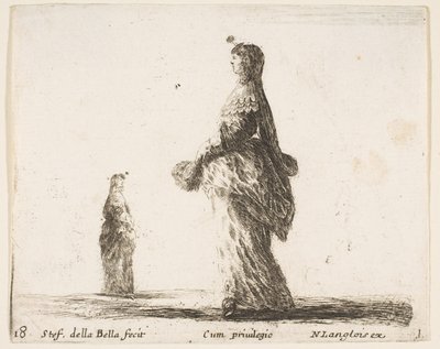 Plade 18: en adelig kvinde, der går mod venstre med en fjervifte, en anden kvinde..., ca. 1644-47. af Stefano della Bella