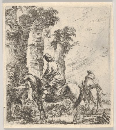 Plade 19: en rytter, der får sin hest til at drikke fra et bassin med et springvand til venstre, en anden h..., ca. 1646. af Stefano della Bella