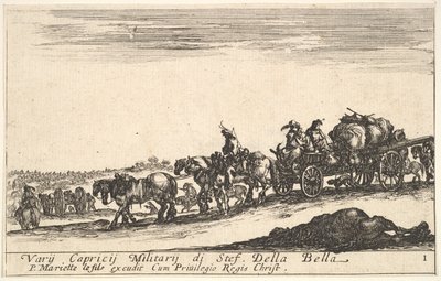 Plate 1: A horse drawn cart carrying people and goods, dead horse in the foreground, f ..., ca. 1641. dani af Stefano della Bella