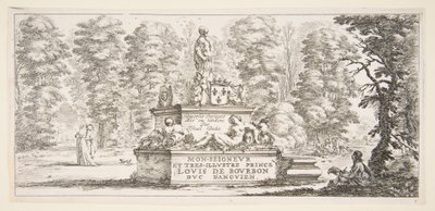 Plade 1: et monument med statuer og et våbenskjold i midten, en tegner på..., ca. 1643. af Stefano della Bella