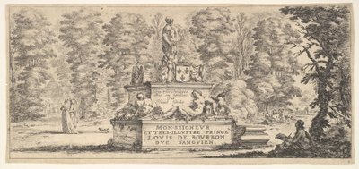 Plade 1: et monument med statuer og et våbenskjold i midten, en tegner på..., ca. 1641. af Stefano della Bella
