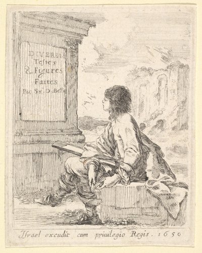 Plade 1: en ung mand, der sidder på en sten, vendt mod venstre i profil, og holder en tegneblok i ..., 1650. af Stefano della Bella