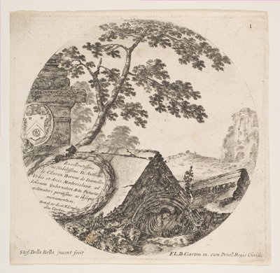 Plade 1: fragmenter fra oldtidsminder, fra romerske landskaber og ruiner Paysages..., ca. 1646. af Stefano della Bella