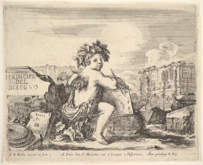 Plade 1: det geniale ved at tegne, et barn med vinger, siddende på en sten i midten drejet ..., ca. 1641. af Stefano della Bella