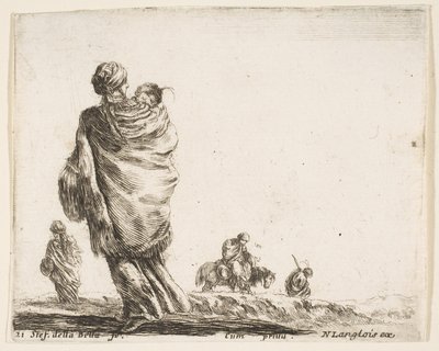 Tavle 21: en fattig kvinde til venstre, set bagfra, indhyllende sit barn i et sjal..., ca. 1644-47. af Stefano della Bella