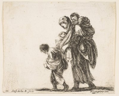 Tavle 22: en tiggerkvinde med tre børn, et barn på skuldrene, et barn..., ca. 1644-47. af Stefano della Bella