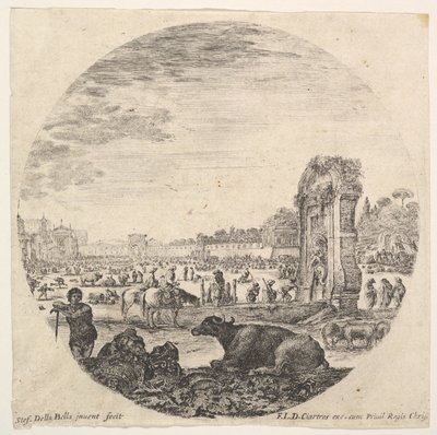 Plade 2: Campo Vaccino, en bøffel og to hyrder i midten, Fontanone til rig..., ca. 1643-48. af Stefano della Bella