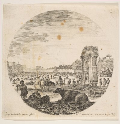 Plade 2: Campo Vaccino, en bøffel og to hyrder i midten, Fontanone til højre ..., ca. 1646. af Stefano della Bella