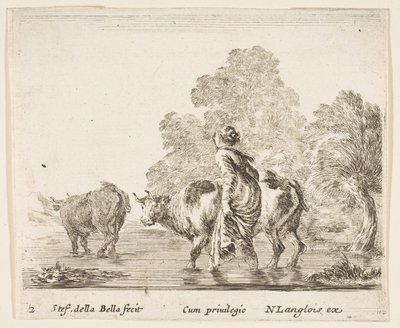 Tavle 2: en bondekone hyrder to køer over et vandløb, går mod venstre..., ca. 1644-47. af Stefano della Bella