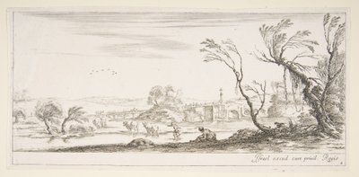 Plade 2: en bondekone, der fjerner sine sko i midten, en anden bondekone og to c..., ca. 1641. af Stefano della Bella