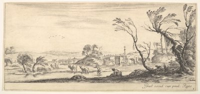 Plade 2: en bondekone, der fjerner sine sko i midten, en anden bondekone og to c..., ca. 1641. af Stefano della Bella