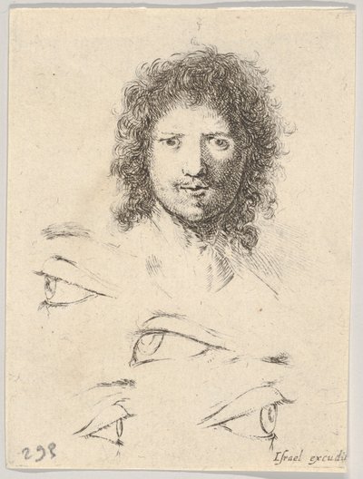 Plade 2: øverst, hovedet af en ung mand, set forfra, forneden, fire øjne, fra Th..., ca. 1649. af Stefano della Bella