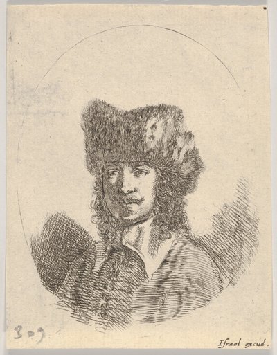 Plade 2: hoved af en mand med overskæg og pelshue vendt mod venstre, en oval komposition, fra..., 1650. af Stefano della Bella