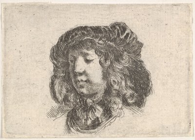 Tavle 34: hovedet af en ung mand i en kasket prydet med et par fjer, drejet tre-kvart..., ca. 1646. af Stefano della Bella