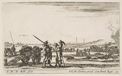 Plade 3: En officer giver ordre til en soldat i midten af forgrunden, kanon til venstre, af..., ca. 1641. af Stefano della Bella