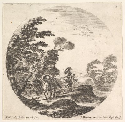 Plade 3: kuling i skoven, to ryttere svøbt i deres kapper, vinden er bl..., ca. 1643-48. af Stefano della Bella
