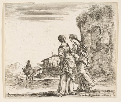 Plade 3: to piger, der går mod venstre, set bagfra, en kvinde på en hest t..., ca. 1644-47. af Stefano della Bella