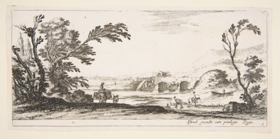 Plade 3: to ryttere krydser en flod til højre, en kvinde med to kurve oven på et æsel..., ca. 1641. af Stefano della Bella