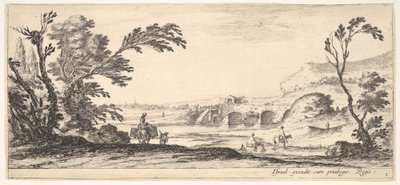 Plade 3: to ryttere krydser en flod til højre, en kvinde med to kurve oven på et æsel..., ca. 1641. af Stefano della Bella