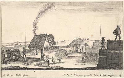 Plade 4: En militærlejr med en soldat stående på en brystning til højre for..., ca. 1641. af Stefano della Bella