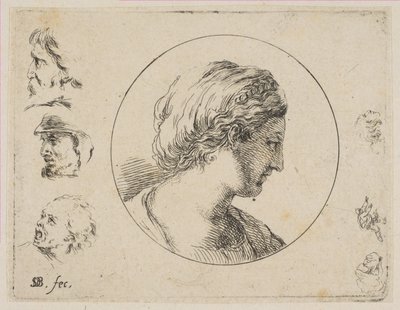 Plade 4: Head of a Woman in Profile, fra Anden samling af forskellige doodles og et..., ca. 1646. af Stefano della Bella