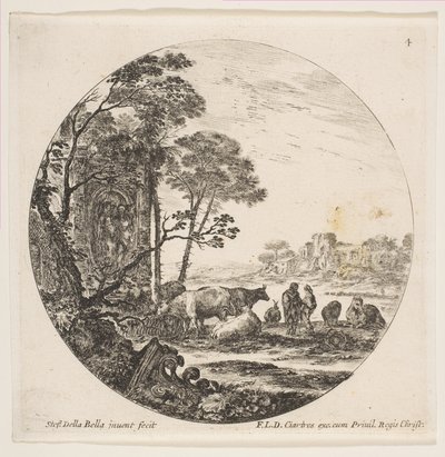 Plade 4: en korintisk hovedstad på jorden til venstre, et monument med figurer i lav re..., ca. 1646. af Stefano della Bella