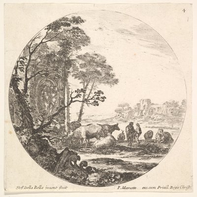 Plade 4: en korintisk hovedstad på jorden til venstre i forgrunden, et monument med..., ca. 1643-48. af Stefano della Bella