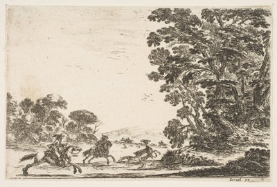 Plade 4: en hjortejagt, to ryttere galopperende mod venstre bagved tre hunde og en hjort..., 1642. af Stefano della Bella