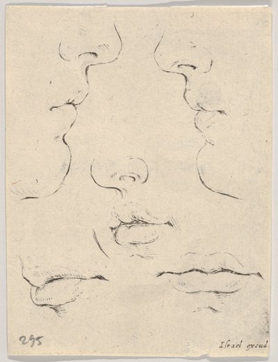 Plade 4: to profiler og tre munde, fra Bogen for at lære at tegne Livre po..., ca. 1649. af Stefano della Bella