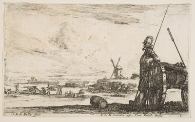 Plade 5: En Pikeman stående lige ved siden af en kanon, andre militære figurer..., ca. 1641. af Stefano della Bella