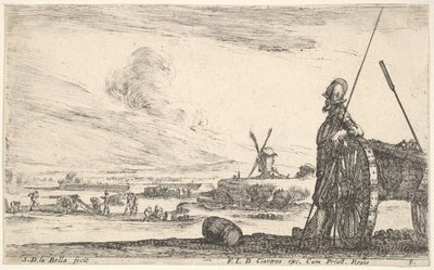 Plade 5: En Pikeman stående lige ved siden af en kanon, andre militærfigurer i ba..., ca. 1641. af Stefano della Bella