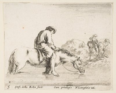 Tavle 5: en barfodet bonde på hesteryg krydser en flod, en anden bonde på hest..., ca. 1644-47. af Stefano della Bella