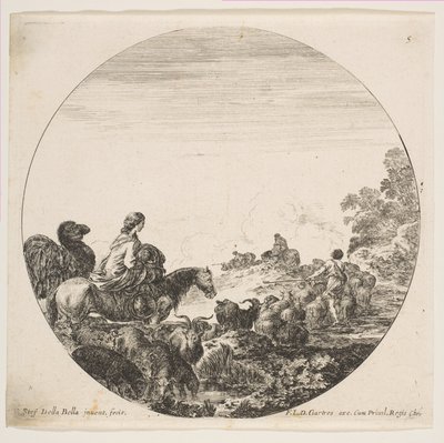 Plade 5: en kvinde bærer et barn på en hest til venstre, en kamel efter hende, en flok..., ca. 1646. af Stefano della Bella