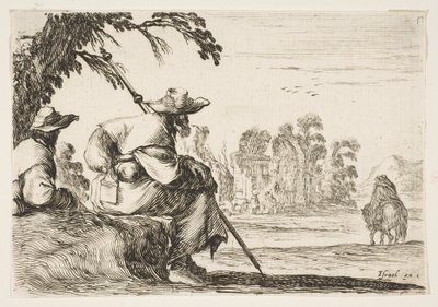 Tavle 5: to pilgrimme med hatte hviler til venstre, set bagfra, en rytter rider mod krig..., 1642. af Stefano della Bella