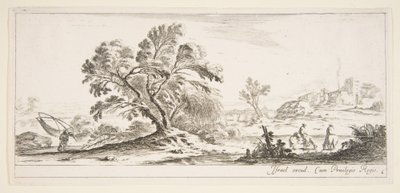 Plade 6: en fisker, der bærer et net til venstre, to ryttere i et vandløb til højre, et træ..., ca. 1641. af Stefano della Bella