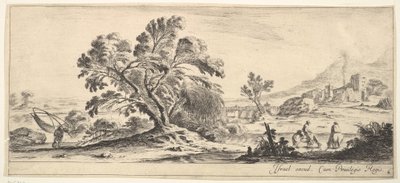 Plade 6: en fisker, der bærer et net til venstre, to ryttere i et vandløb til højre, et træ..., ca. 1641. af Stefano della Bella