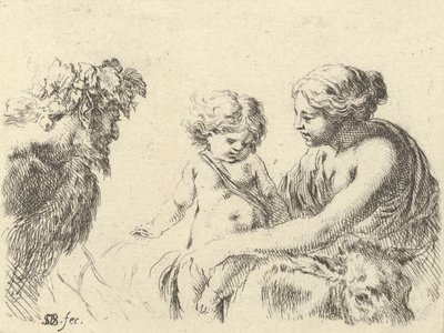 Plade 6: en kvinde til højre, der holder sit barn, som sidder oven på et æsel, en satyr ved l..., ca. 1646. af Stefano della Bella