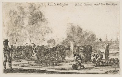 Plade 6: batteri af kanoner, der skyder mod en by, fra Various Military Caprices Varii ..., ca. 1641. af Stefano della Bella